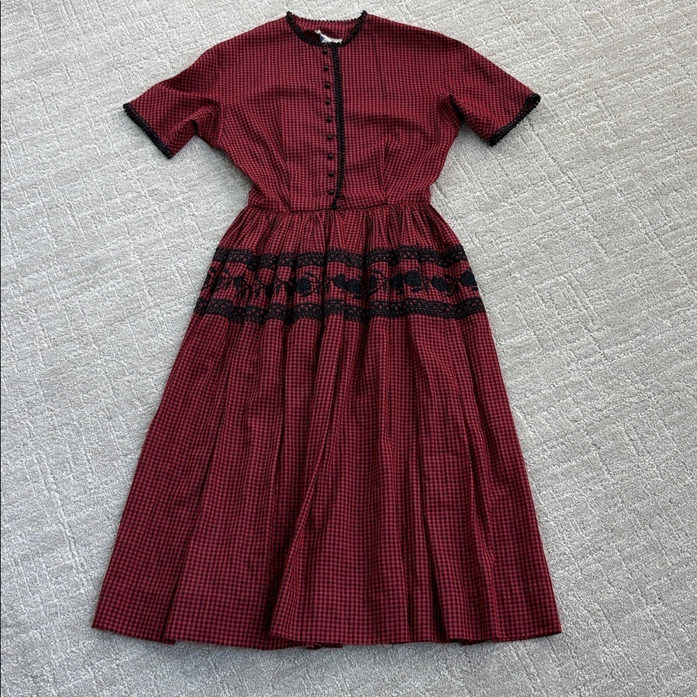 Vintage 50s Jeanne D'Arc Red and Black Shirtwaist Checkered Dress Ex Women XS-S